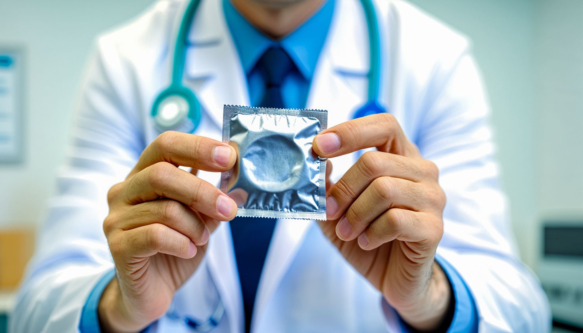 Una imagen de un médico o trabajador sanitario mostrando un paquete de preservativos mientras habla acerca de la importancia de la prevención contra enfermedades sexualmente transmitibles y el uso correcto de los mismos. (Imagen Ilustrativa Infobae)
