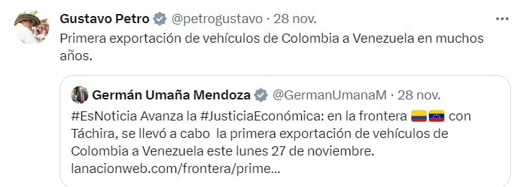 Gustavo Petro celebró la exportación a Venezuela de carros ensamblados en Colombia - crédito @petrogustavo/X