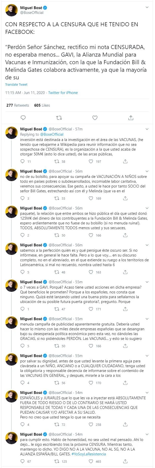 Miguel Bosé descargó su furia en Twitter sobre la alianza entre Pedro Sánchez y la Fundación Bill y Melinda Gates para hacer vacunas (Twitter)