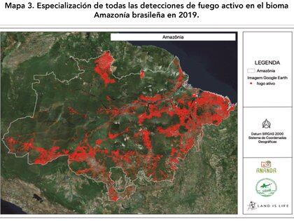Detecciones de fuego activo en el bioma de la Amazonía brasileña en 2019.