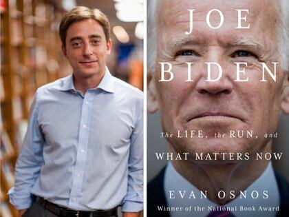 Evan Osnos, biógrafo de Biden, y la portada de la biografía que escribió sobre el nuevo presidente de los Estados Unidos