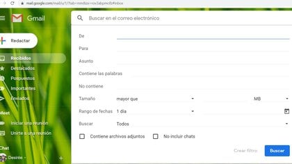 Gmail permite hacer búsquedas avanzadas de correos.