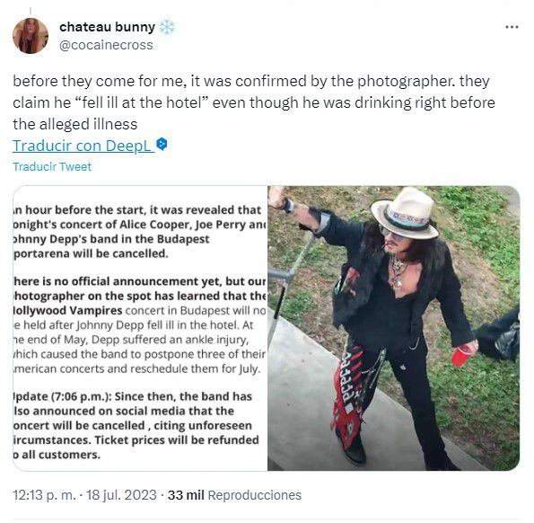 Johnny Depp fue visto horas antes de su concierto en Budapest completamente alcoholizado 
Foto: Twitter/@cocainecross