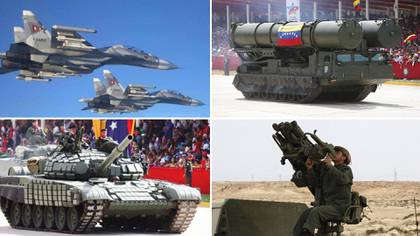 Algunas de las armas rusas más importantes del arsenal venezolano (en sentido horario): cazas Sukhoi Su-30, misiles S-300, lanzadores portátiles Igla-S y tanques T-72