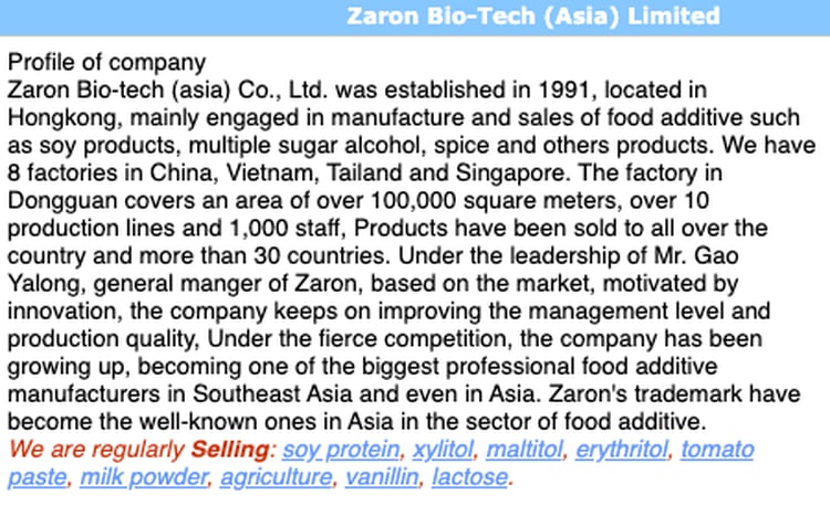 El perfil oficial de Zaron la presentaba como una firma dedicada a la sustancias para la alimentación, como aditivos. (Tradeholding)