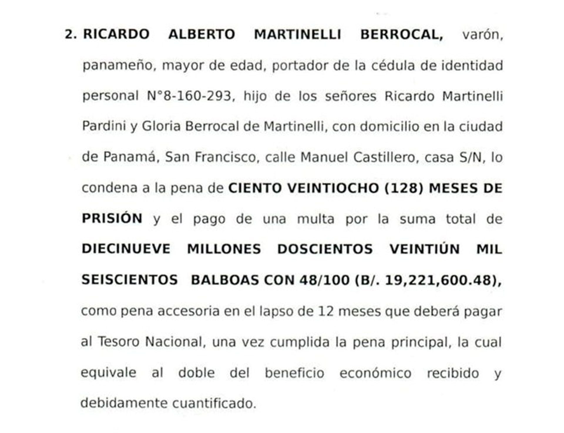 Captura de la condena contra Ricardo Martinelli