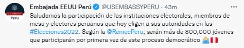 La Embajada de los Estados Unidos saludó al Perú por elecciones.