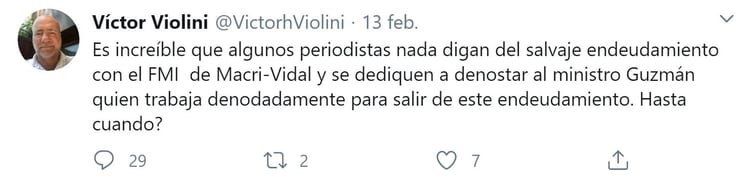 Uno de los tuits del juez Víctor Violini