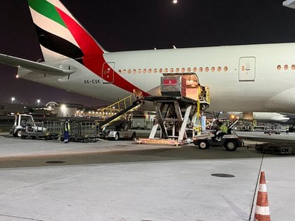 Un cargamento con vacunas contra el coronavirus es descargado en el Aeropuerto Internacional de Dubai, en Emiratos Árabes Unidos (REUTERS/Abdel Hadi Ramahi)