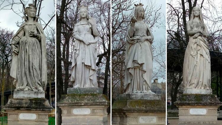 María Estuardo, Santa Bathilde, Ana de Bretaña y Santa Genoveva: homenajeadas en el Jardín de Luxemburgo (París)