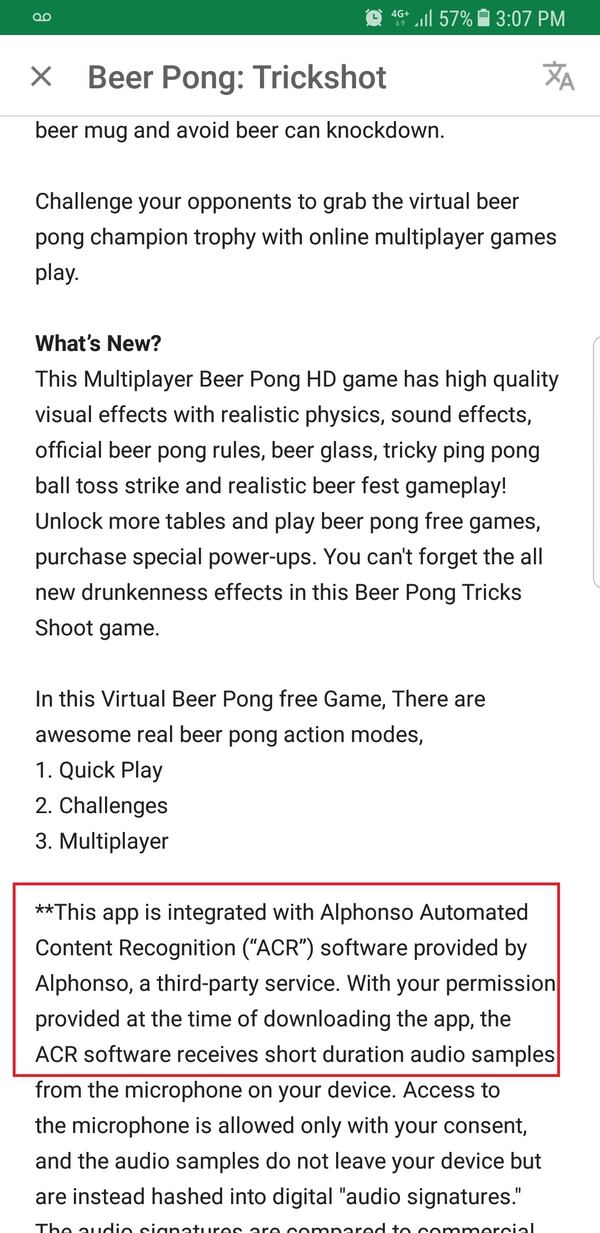 Éste es un ejemplo de Beer Pong: Trickshot, otra app que integra Alphonso, tal como se detalla en la descripción a la que se accede antes de descargar el servicio desde Google Play