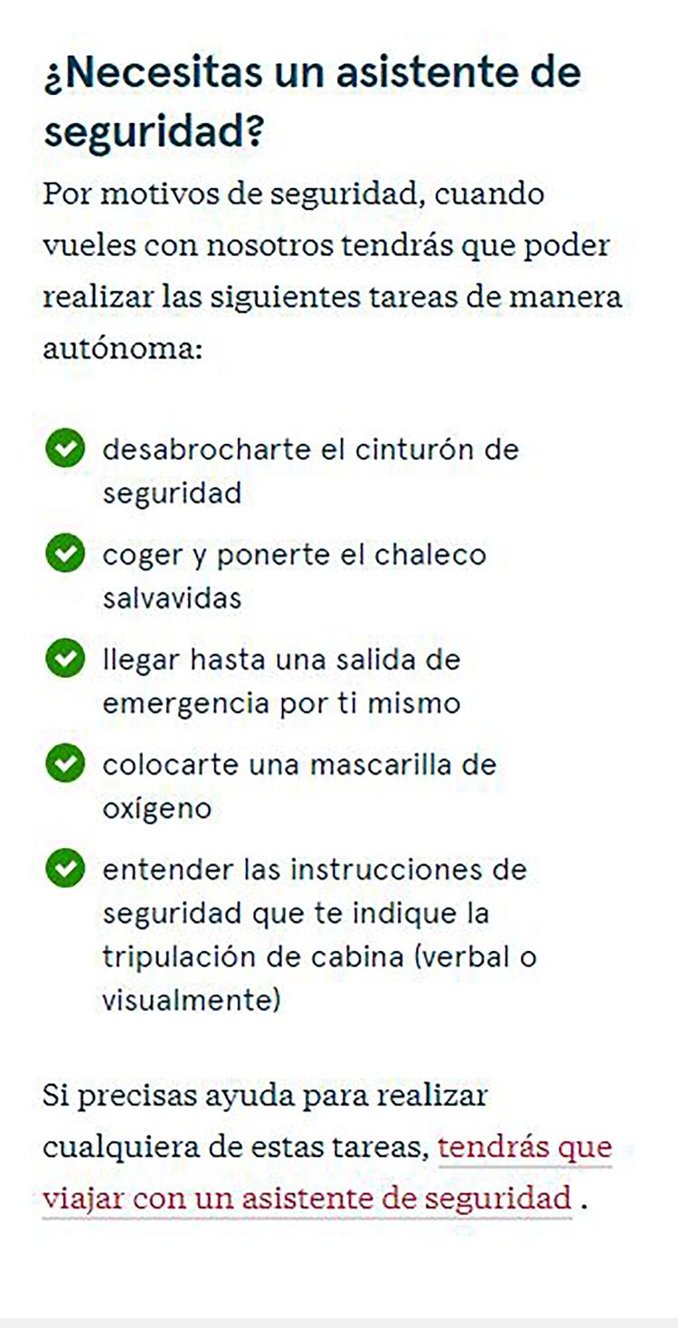 Los requisitos que presenta Norwegian Airlines en su web para poder viajar sin acompaÃ±ante. âYo cumplo todos ellos. Hay distintos tipos de movilidad reducidaâ, dijo Barrese