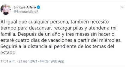 Enrique Alfaro se va de vacaciones  y la gente le reclamó por redes sociales (Foto: Twitter / @EnriqueAlfaroR)