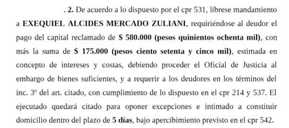 Embargo: parte de una de las demandas contra Exequiel Mercado Zuliani.