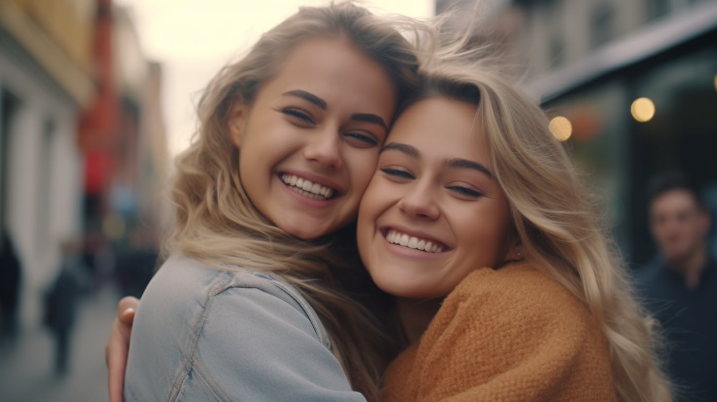 Dos amigas abrazadas, rubias, felices, día del amigo, sonrientes, en espacio público, calle - Imagen Ilustrativa Infobae