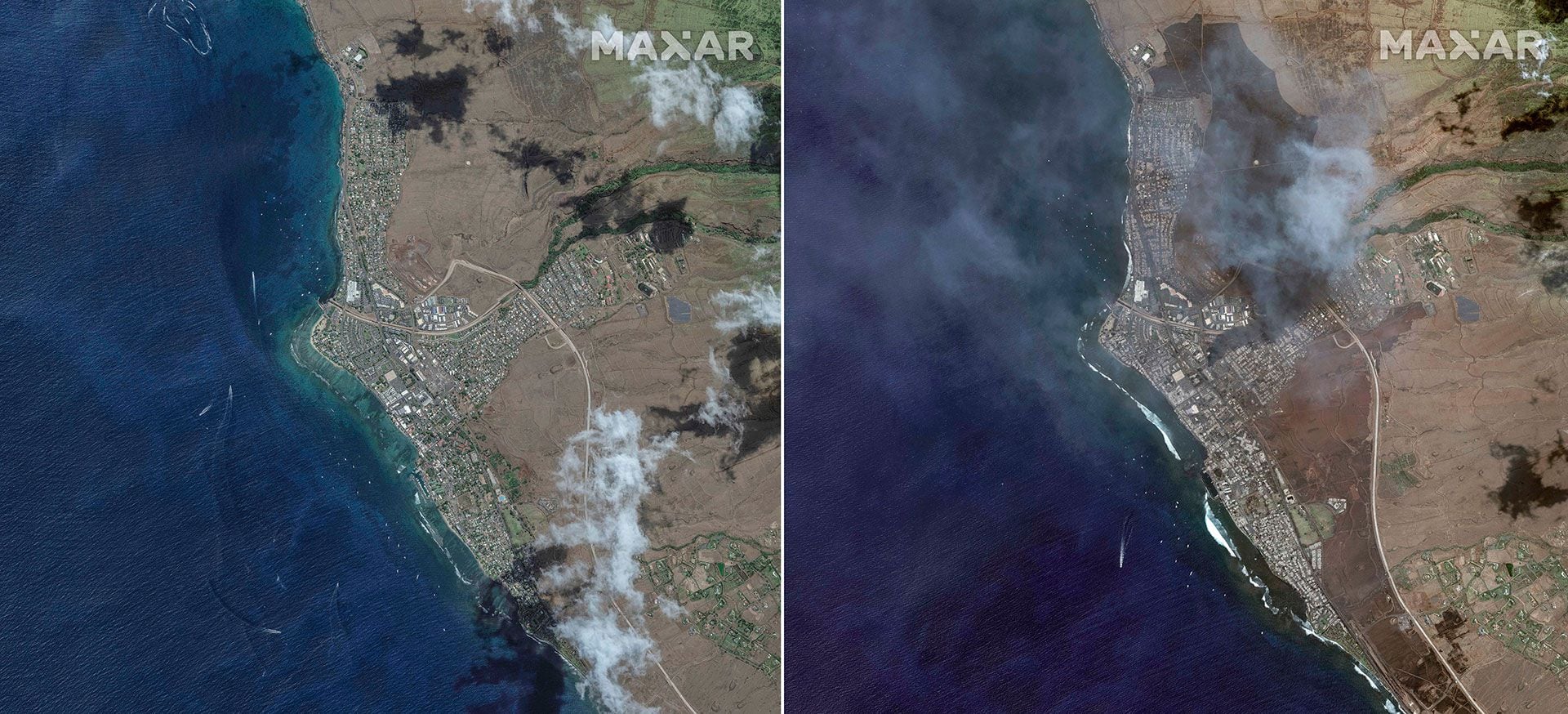 Esta combinación de imágenes provistas por Maxar Technologies muestra una vista aérea de Lahaina, en Maui, Hawai, el 25 de junio de 2023 a la izquierda, y la misma zona el 9 de agosto (Maxar Technologies vía AP)