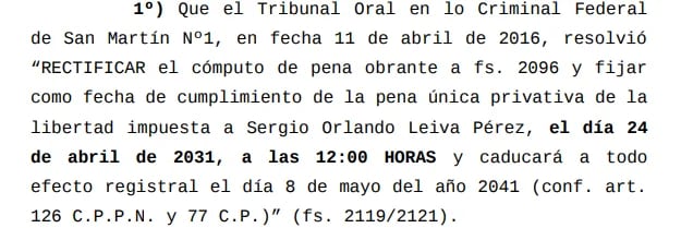 Documento judicial: el recomputo de la pena de Leiva.