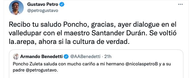 Gustavo Petro's reaction to Poncho Zuleta.  Screenshot