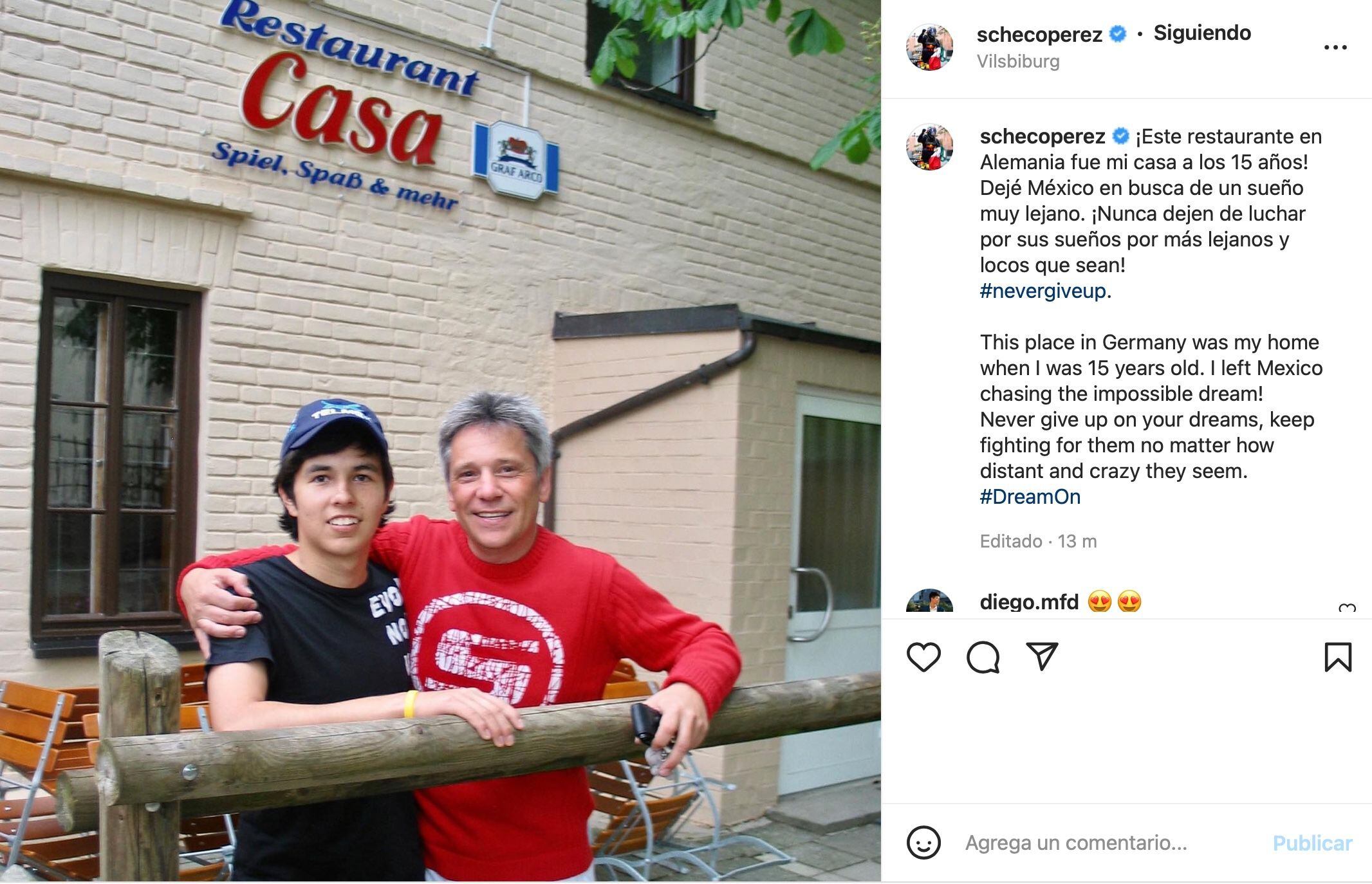Checo Pérez compartió una foto del restaurante donde vivió cuando llegó a Europa (Foto: Instagram/@SChecoPerez)