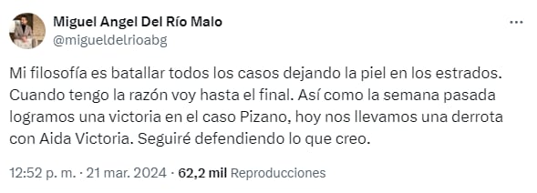 El abogado Miguel Ángel del Río emite un comunicado en redes sociales reafirmando su compromiso con la defensa de sus clientes  - crédito @migueldelrioabg/X