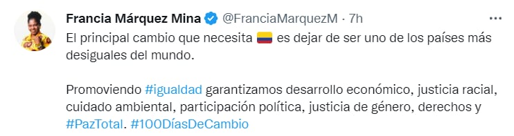 Francia Márquez sobre los 100 días del gobierno Petro. Tomado de Twitter.