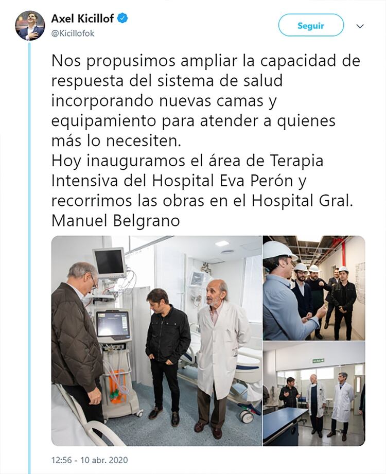 El Gobernador durante la recorrida por el Hospital Eva Perón. En el mismo tuit aclara que estuvo también en el Hospital Manuel Belgrano