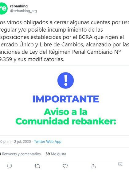 Una publicación en Twitter de uno de las fintech locales que salió a frenar la operatoria