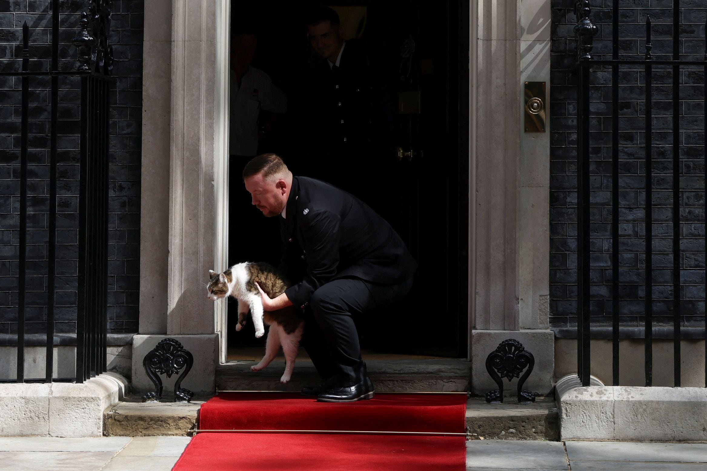 El gato Larry es retirado de la alfombra antes de la llegada de Biden a Downing Street (Reuters)