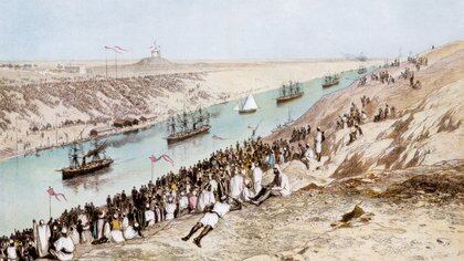 Grabado de la segunda inauguración del Canal de Suez en 1869.