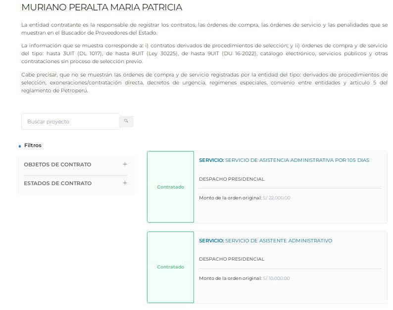 María Muriano Peralta, exfuncionaria de Reniec, se registró como proveedora del Estado el 4 de noviembre del 2021. Al día siguiente, logra su primer contrato con el Despacho Presidencial.