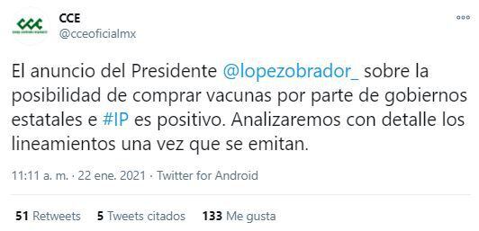 CCE aplaudió la decisión del presidente Andrés Manuel López Obrador, autorizara que empresas privadas, así como gobiernos locales puedan comprar la vacuna contra el COVID-19