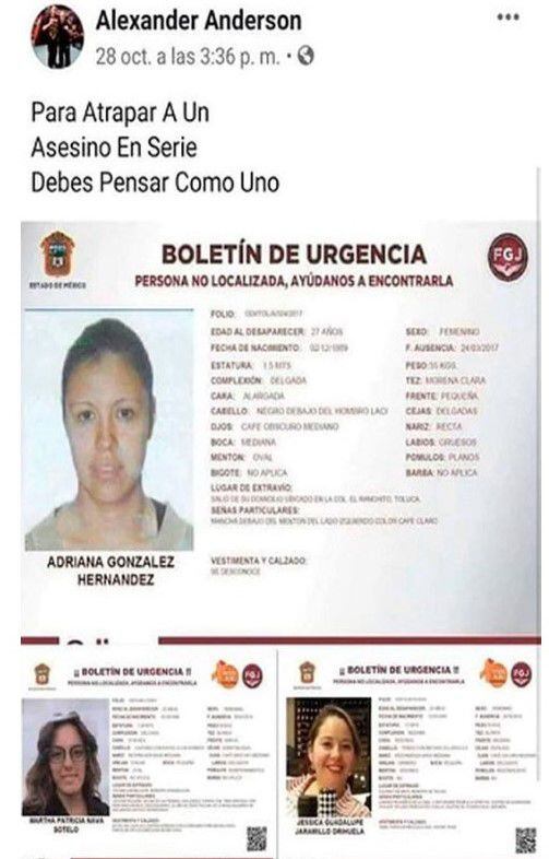 Las fichas de búsqueda de tres mujeres asesinadas por Óscar García. (Foto: Twitter)