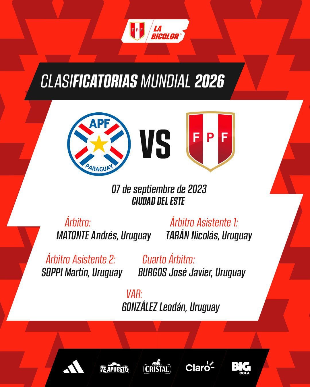 La ternal arbitral del partido de la selección peruana ante Paraguay por Eliminatorias Sudamericanas.