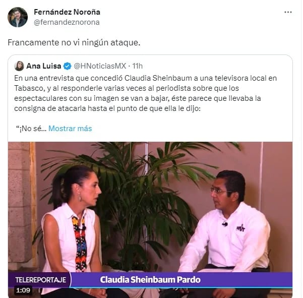 Noroña reaccionó a la entrevista de Sheinbaum. | Captura de pantalla Twitter @fernandeznorona