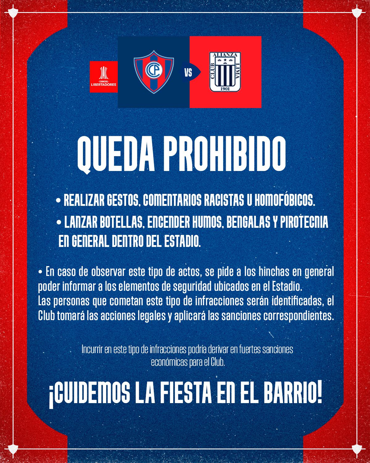 La publicación de Cerro Porteño para evitar el racismo en el partido ante Alianza Lima por Copa Libertadores 2024.