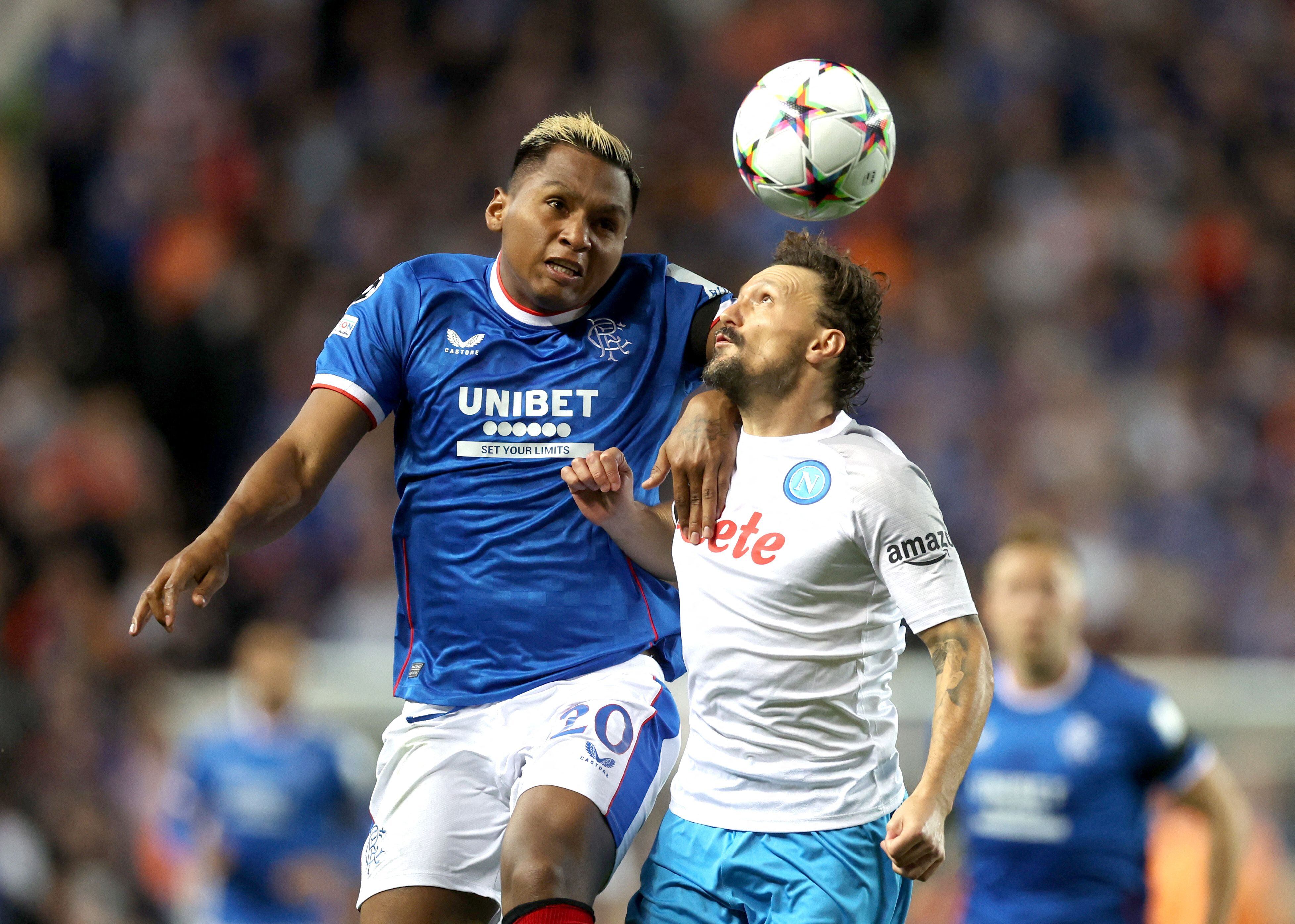 Soccer Football - Champions League - Group A - Rangers v Napoli - Ibrox, Glasgow, Scotland, Britain - September 14, 2022 Rangers' Alfredo Morelos in action with Napoli's Mario Rui Action Images via Reuters/Lee Smith