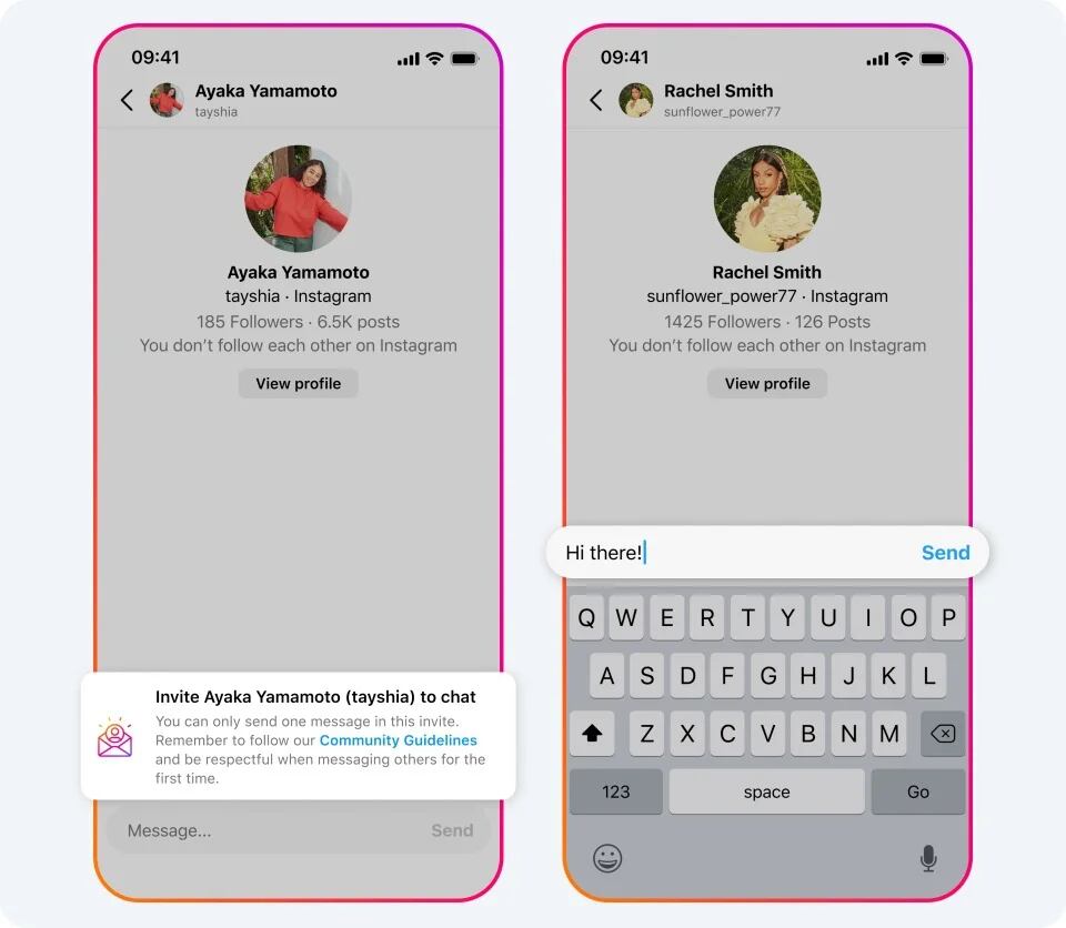 Instagram lanza la función Solicitud de mensajes para establecer contacto con perfiles que no se siguen mutuamente. (Meta)