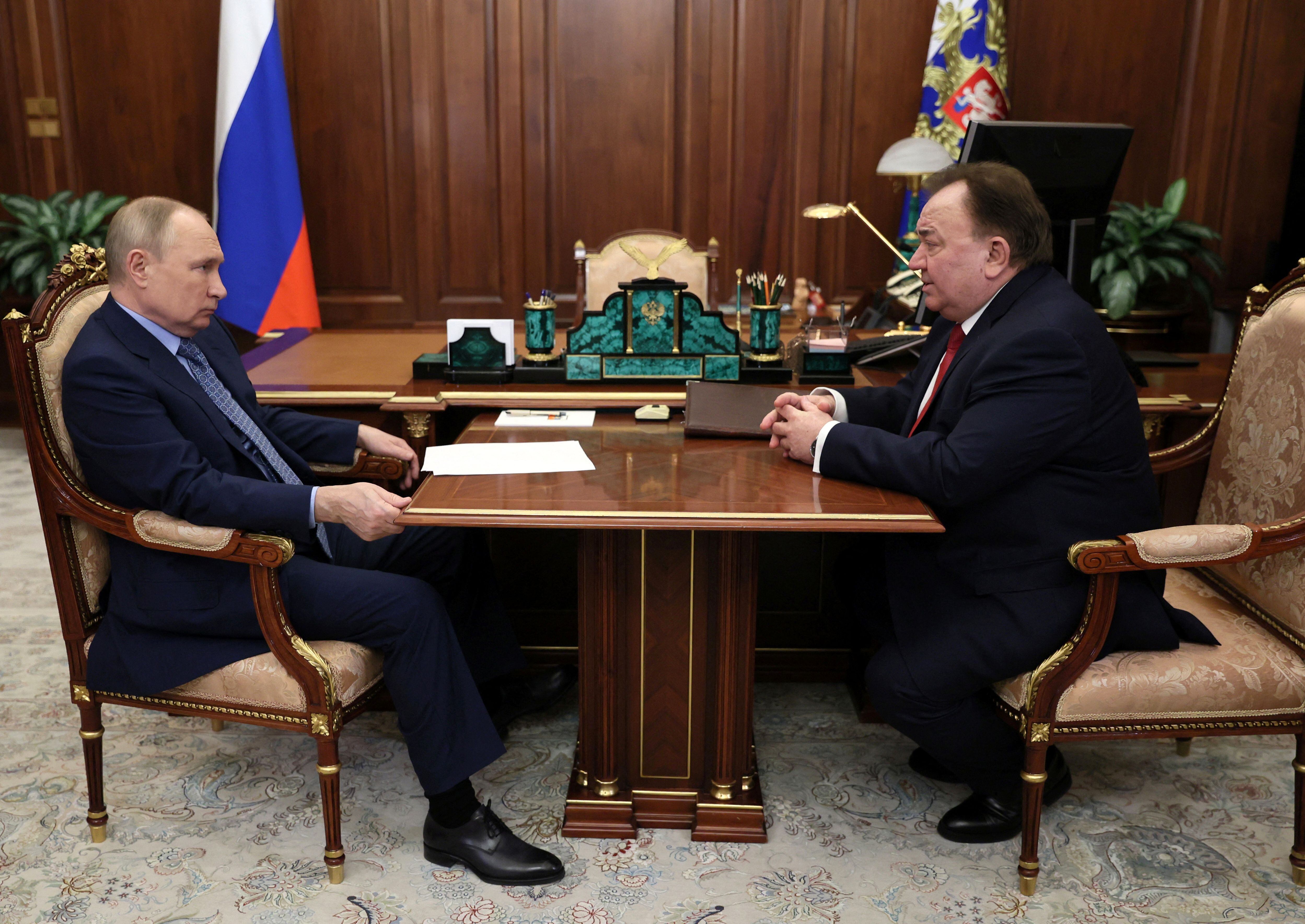 Russian President Vladimir Putin attends a meeting with the head of the Republic of Ingushetia Makhmud-Ali Kalimatov at the Kremlin in Moscow, Russia March 30, 2022. Sputnik/Mikhail Klimentyev/Kremlin via REUTERS ATTENTION EDITORS - THIS IMAGE WAS PROVIDED BY A THIRD PARTY.