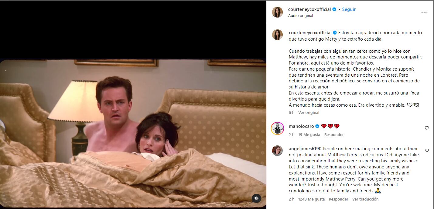El adiós de Courteney Cox a Matthew Perry con un video de Monica y Chandler español