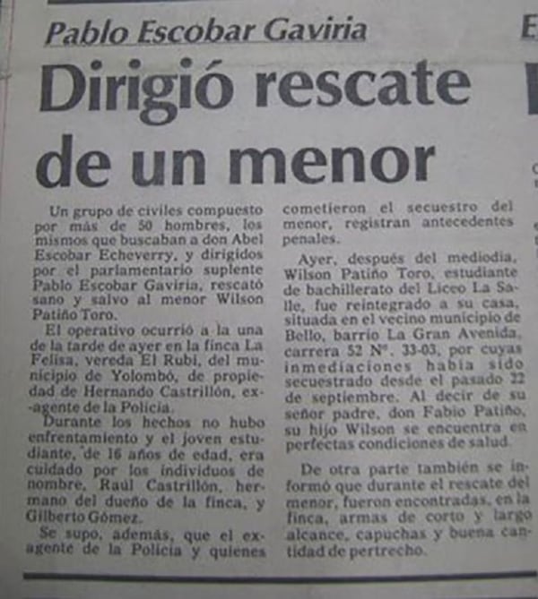 Noticia sobre el rescate de un joven de 16 años rescatado por Pablo Escobar.