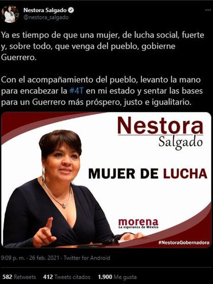 Con este tuit, Nestora Salgado dio a conocer su interés por ser gobernadora de Guerrero (Foto: Twitter@/nestora_salgado)