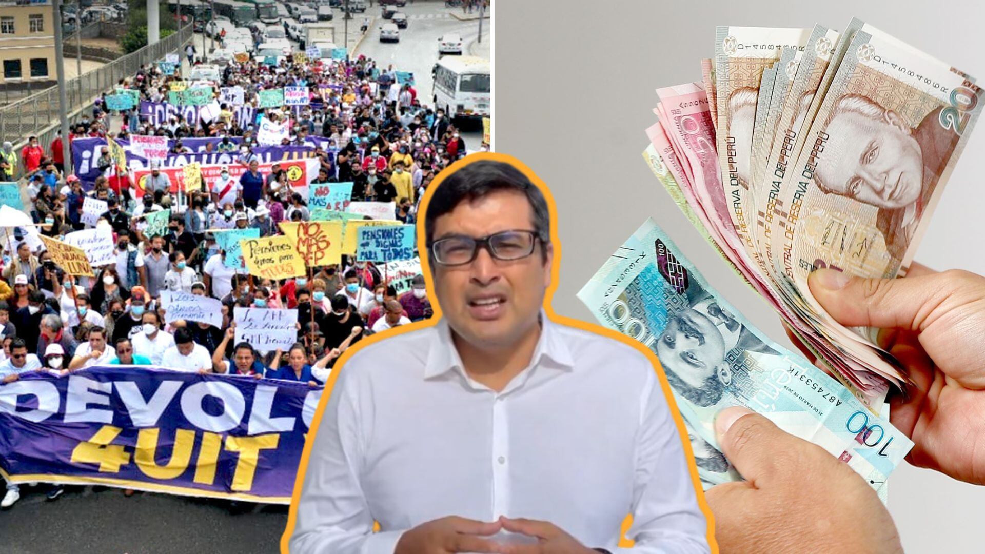 César Revilla entre marcha AFP y mano con billetes de soles