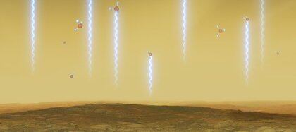 Un dibujo de la superficie de Venus y las moléculas de fosfina que ascenderían a la atmósfera del planeta. (ESO/M. Kornmesser/L. Calcada via REUTERS)