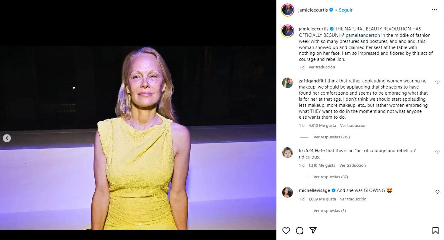 "Estoy tan impresionada y anonadada por este acto de valentía y rebeldía", dijo Jamie Lee Curtis por la apariencia de Pamela Anderson en la Semana de la Moda de París 
Foto: Instagram/Jamie Lee Curtis