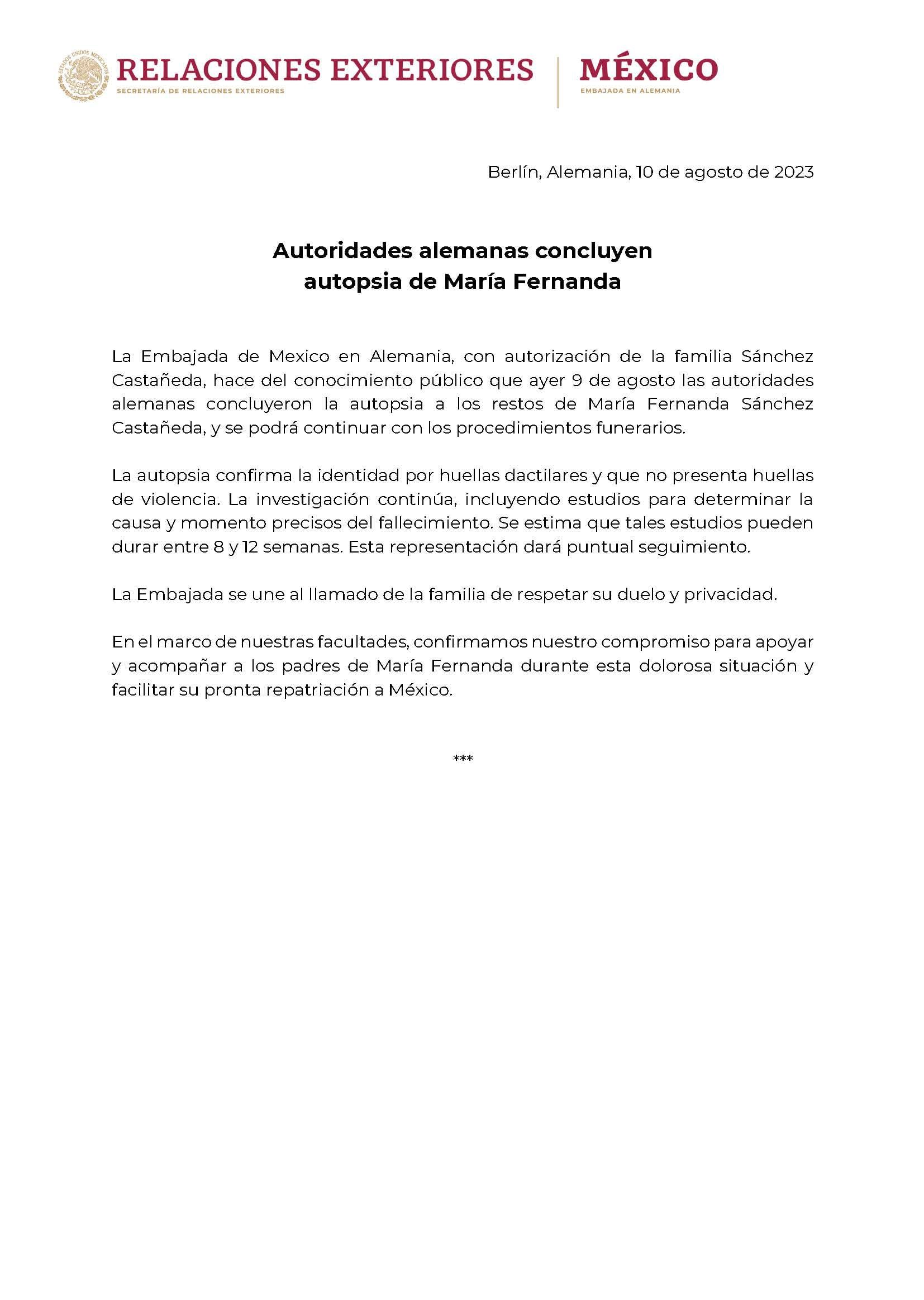 Comunicado de la Embajada de México en Alemania sobre el caso de María Fernanda. (Twitter)