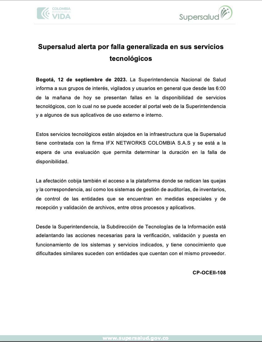 Superintendencia de Salud notificó fallos en sus sistemas web - crédito Superintendencia de Salud de Colombia