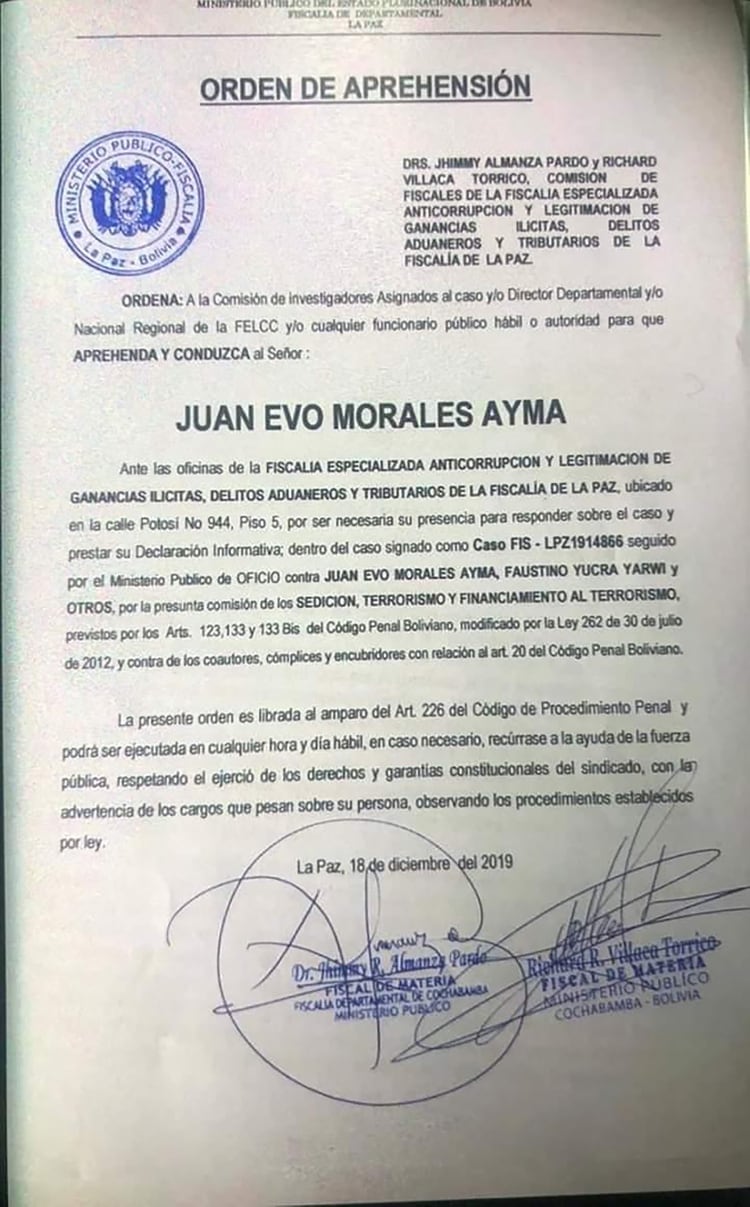 La orden de detención de Evo Morales