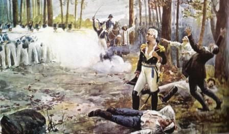 Cuadro que recrea el momento en que Liniers y sus compañeros son fusilados en el monte de los Papagayos. El del héroe de la Reconquista fue un caso de ejecución por cuestiones políticas
