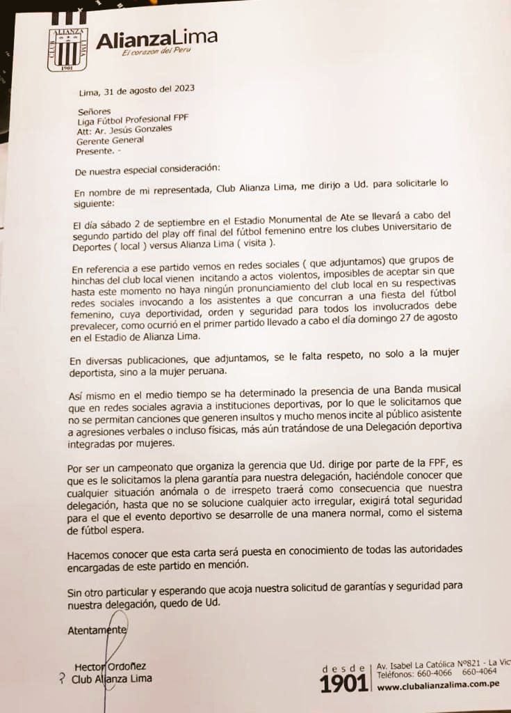 Alianza Lima solicitó garantías para su plantel.