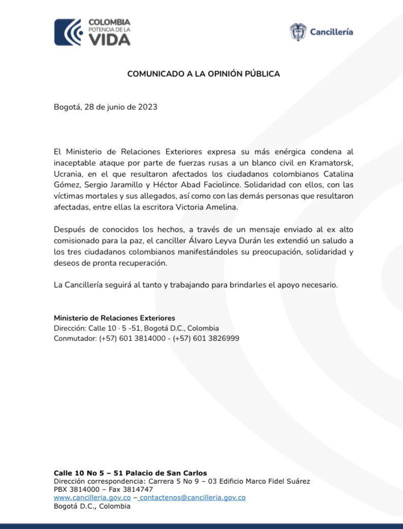 Comunicado de prensa, Cancillería colombiana, miércoles 28 de junio de 2023.